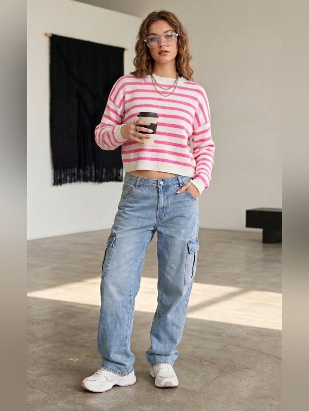 Vigoss Pink & White Striped Knit Crop Sweater - Size Large